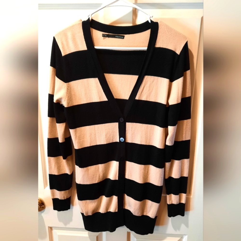 Maurices Sweater Womans Medium Black Tan Striped Button Up Cardigan Preppy
